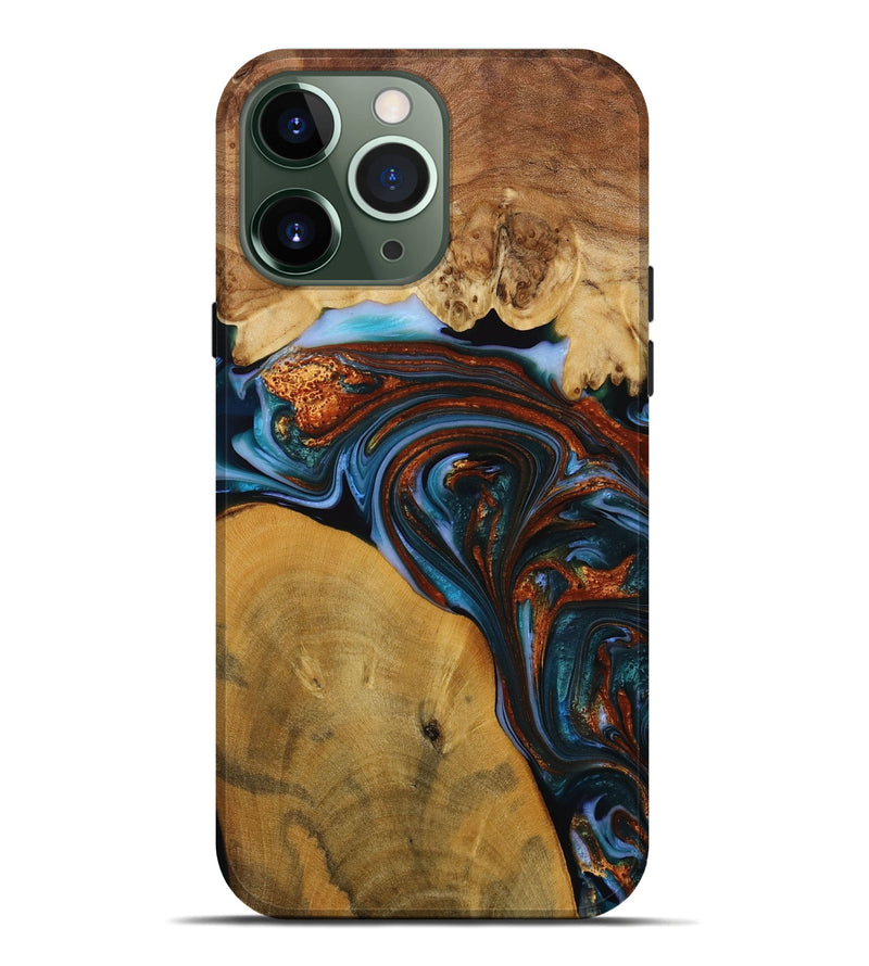 iPhone 13 Pro Max Wood Live Edge Phone Case - Sask (Teal & Gold, 731776)