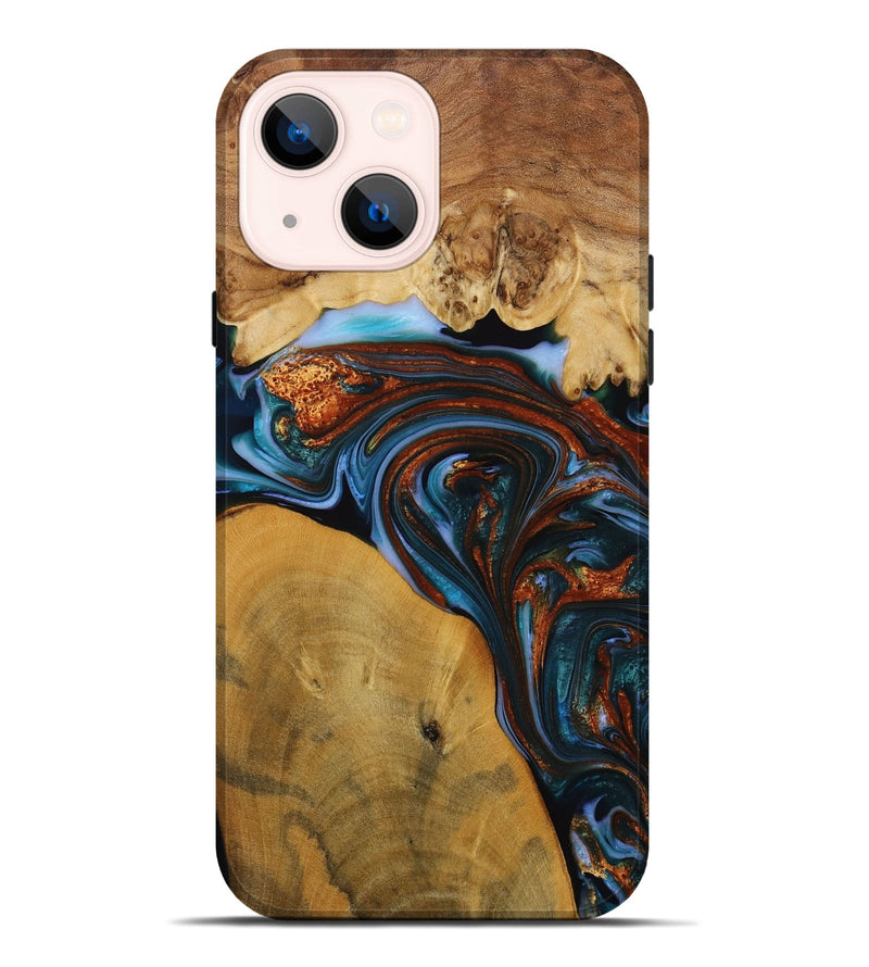 iPhone 14 Plus Wood Live Edge Phone Case - Sask (Teal & Gold, 731776)