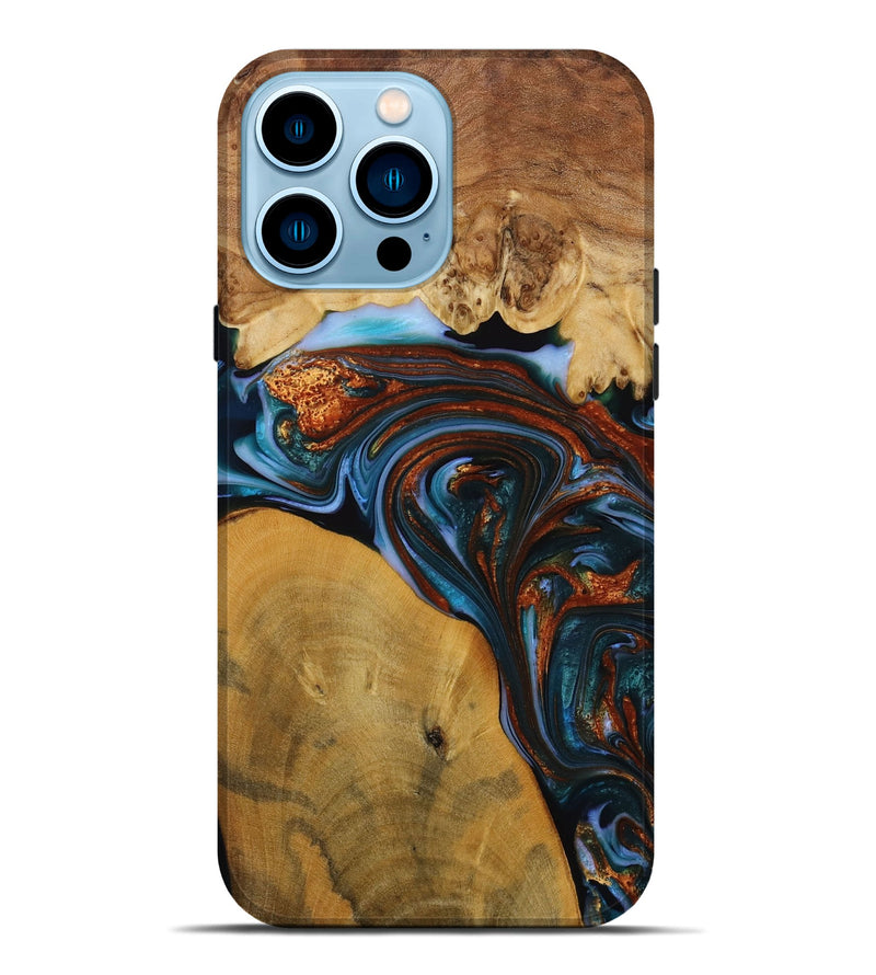 iPhone 14 Pro Max Wood Live Edge Phone Case - Sask (Teal & Gold, 731776)