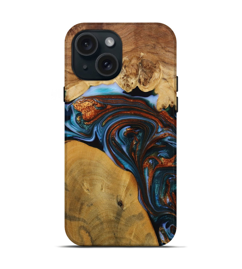 iPhone 15 Wood Live Edge Phone Case - Sask (Teal & Gold, 731776)