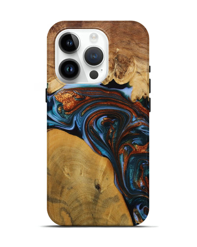 iPhone 15 Pro Wood Live Edge Phone Case - Sask (Teal & Gold, 731776)