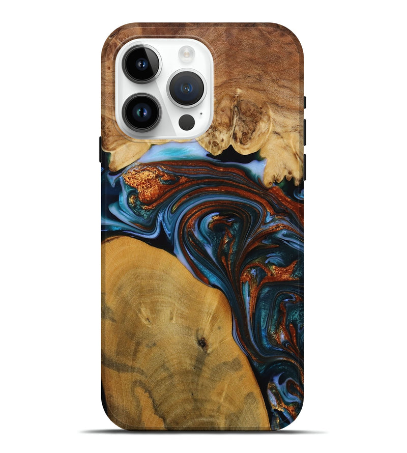 iPhone 15 Pro Max Wood Live Edge Phone Case - Sask (Teal & Gold, 731776)