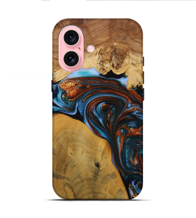 iPhone 16 Wood Live Edge Phone Case - Sask (Teal & Gold, 731776)