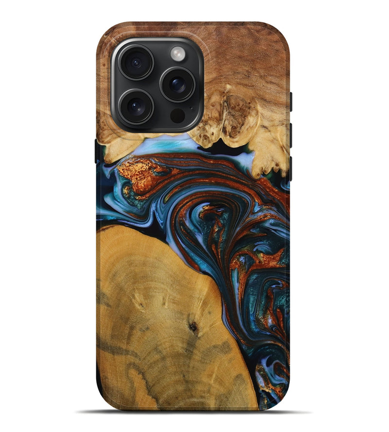 iPhone 16 Pro Max Wood Live Edge Phone Case - Sask (Teal & Gold, 731776)