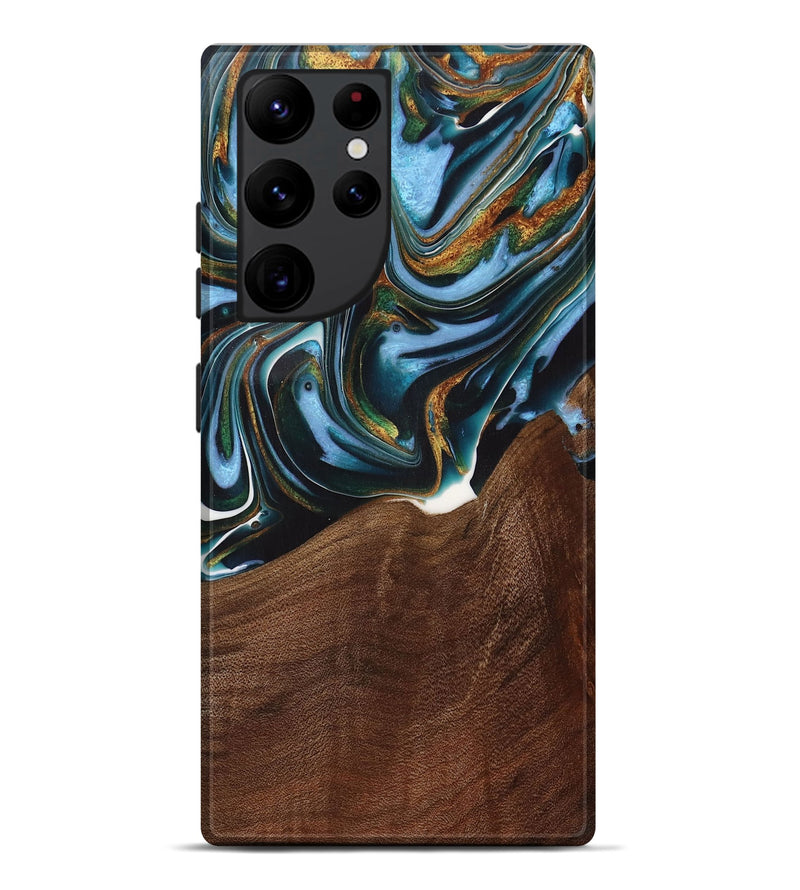 Galaxy S22 Ultra Wood Live Edge Phone Case - Windell (Teal & Gold, 731783)