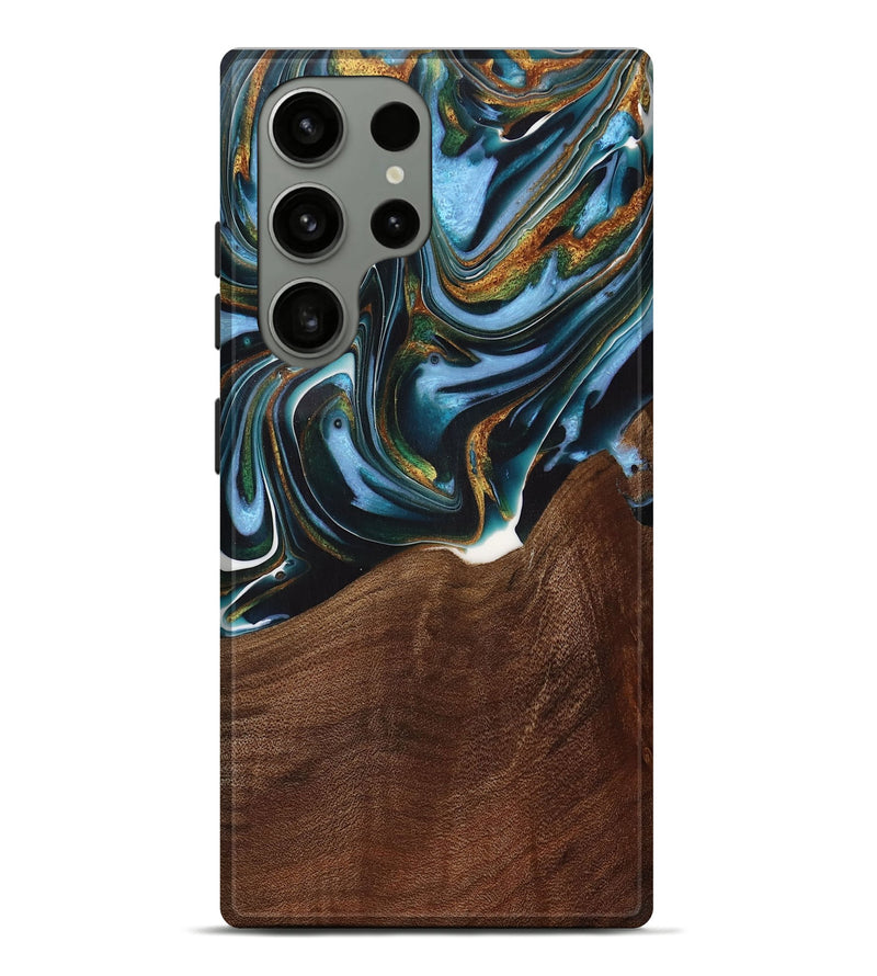 Galaxy S23 Ultra Wood Live Edge Phone Case - Windell (Teal & Gold, 731783)