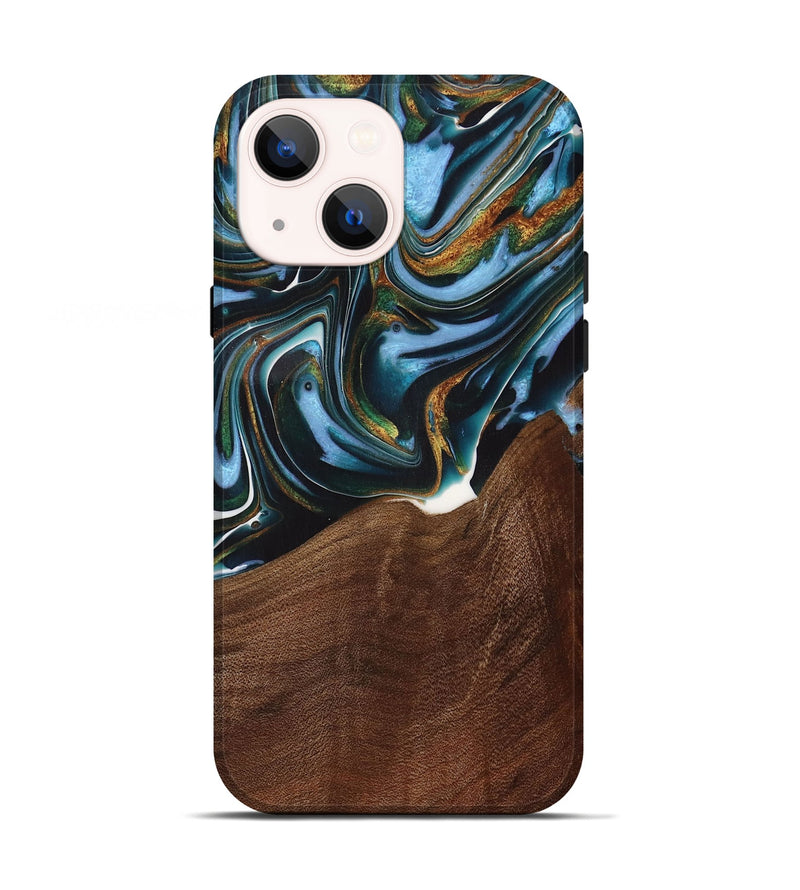 iPhone 13 Wood Live Edge Phone Case - Windell (Teal & Gold, 731783)