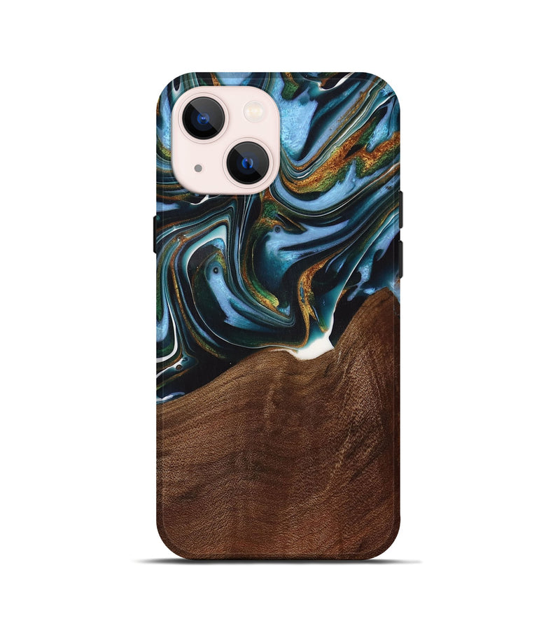 iPhone 13 mini Wood Live Edge Phone Case - Windell (Teal & Gold, 731783)