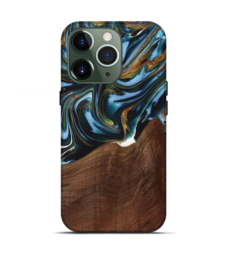 iPhone 13 Pro Wood Live Edge Phone Case - Windell (Teal & Gold, 731783)