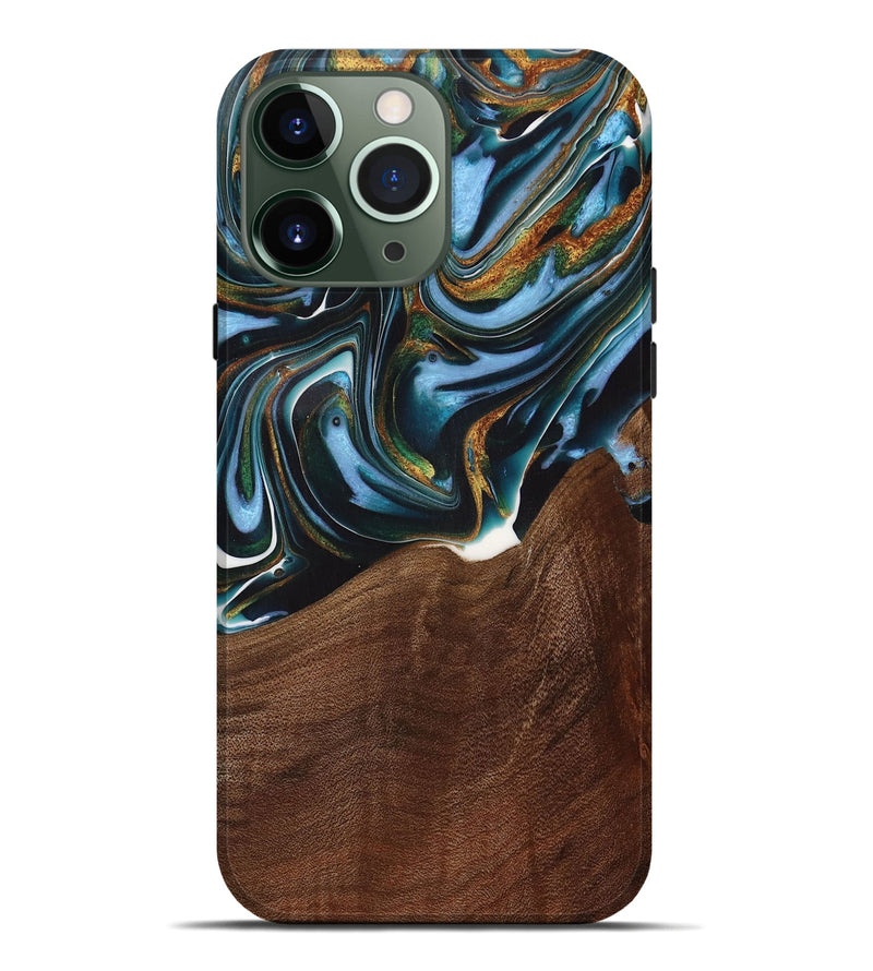 iPhone 13 Pro Max Wood Live Edge Phone Case - Windell (Teal & Gold, 731783)