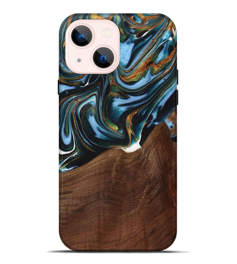 iPhone 14 Plus Wood Live Edge Phone Case - Windell (Teal & Gold, 731783)