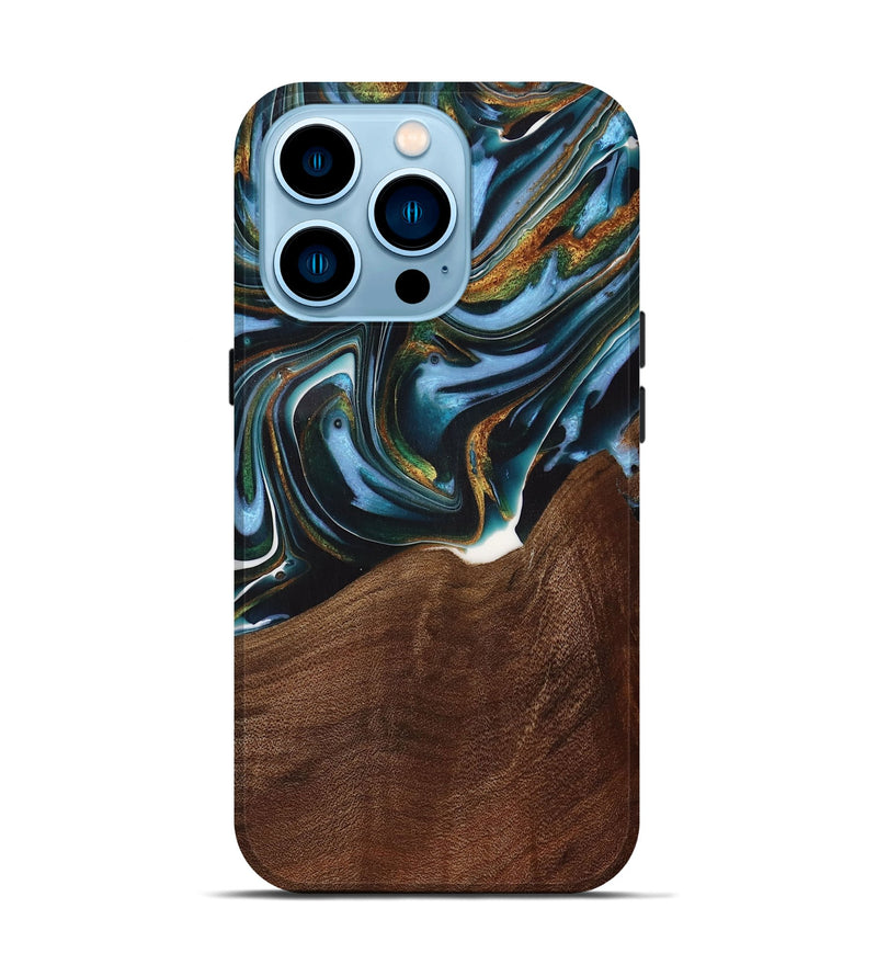 iPhone 14 Pro Wood Live Edge Phone Case - Windell (Teal & Gold, 731783)