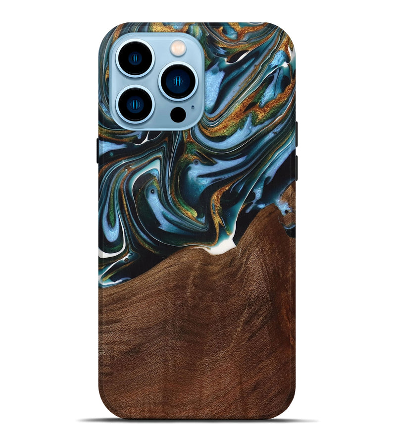 iPhone 14 Pro Max Wood Live Edge Phone Case - Windell (Teal & Gold, 731783)