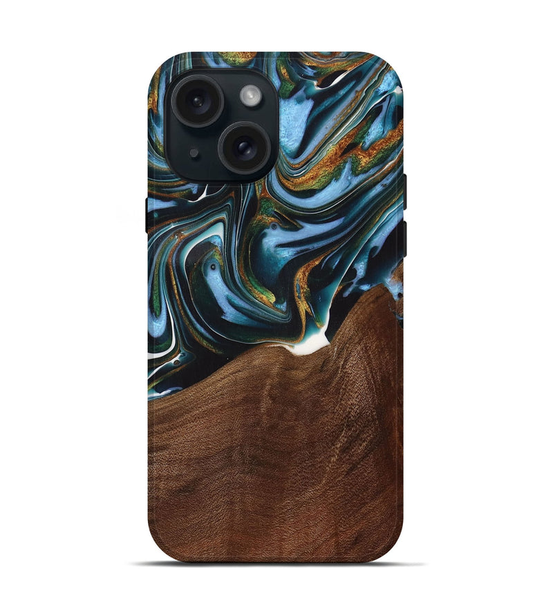 iPhone 15 Wood Live Edge Phone Case - Windell (Teal & Gold, 731783)