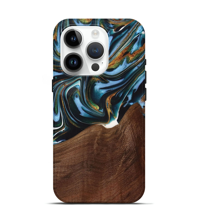 iPhone 15 Pro Wood Live Edge Phone Case - Windell (Teal & Gold, 731783)