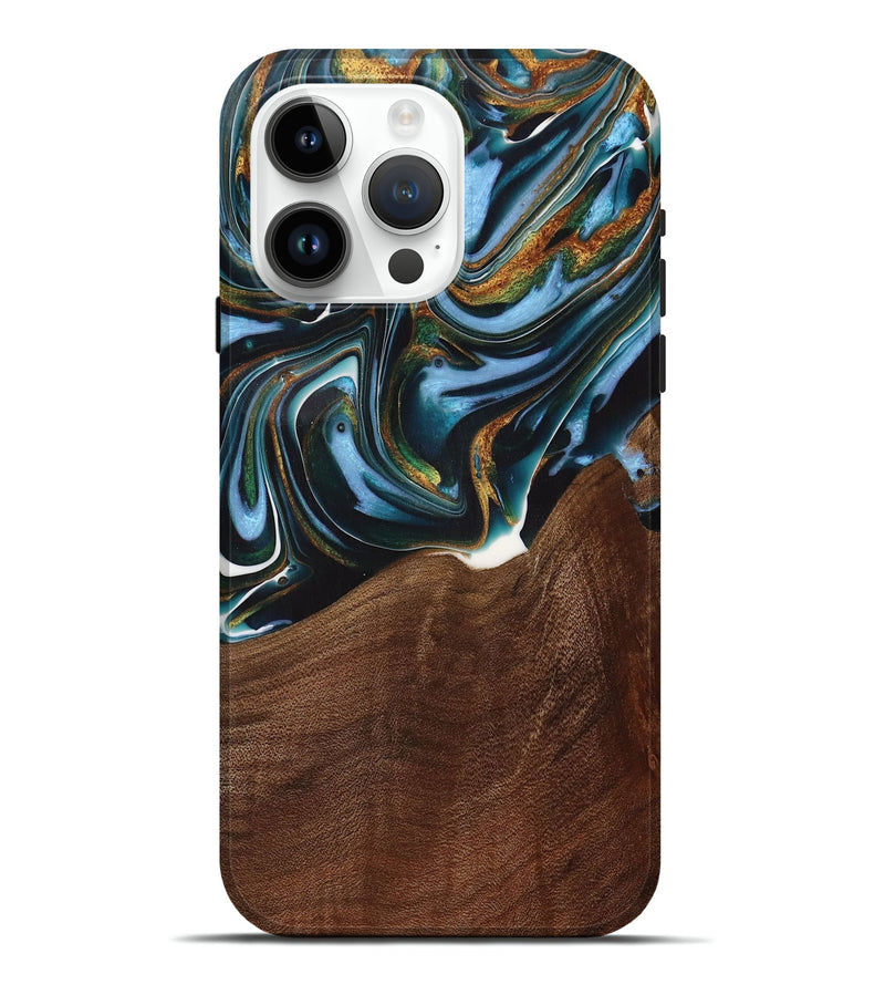 iPhone 15 Pro Max Wood Live Edge Phone Case - Windell (Teal & Gold, 731783)