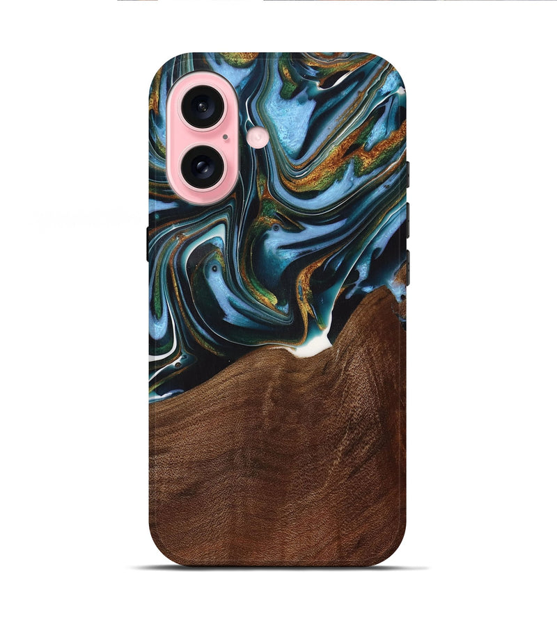 iPhone 16 Wood Live Edge Phone Case - Windell (Teal & Gold, 731783)