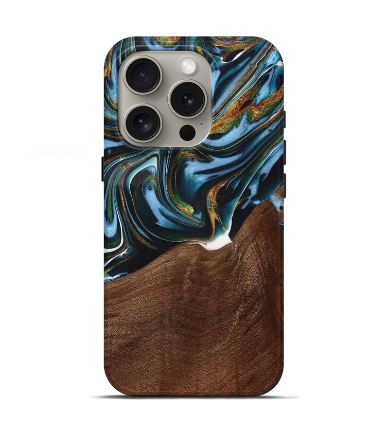 iPhone 16 Pro Wood Live Edge Phone Case - Windell (Teal & Gold, 731783)