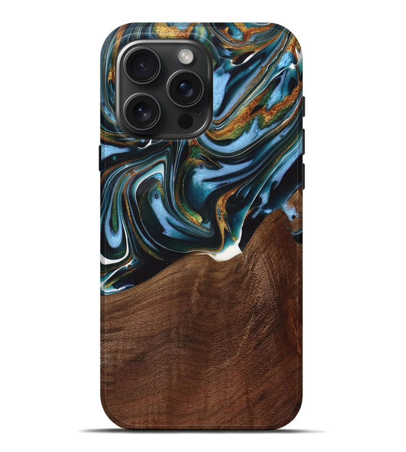 iPhone 16 Pro Max Wood Live Edge Phone Case - Windell (Teal & Gold, 731783)