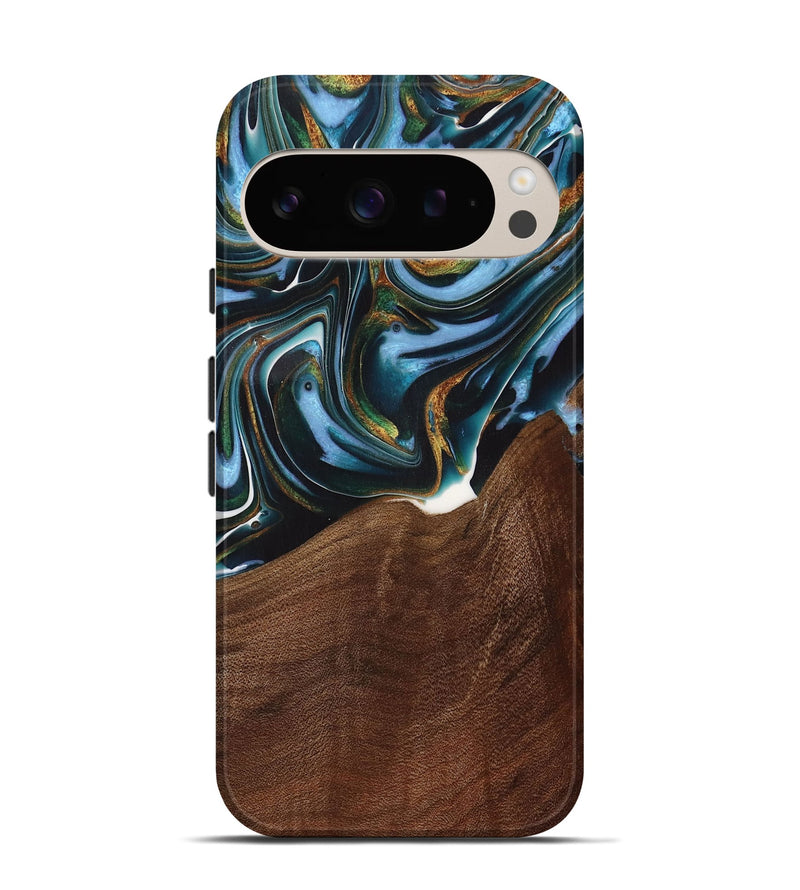 Pixel 9 Wood Live Edge Phone Case - Windell (Teal & Gold, 731783)