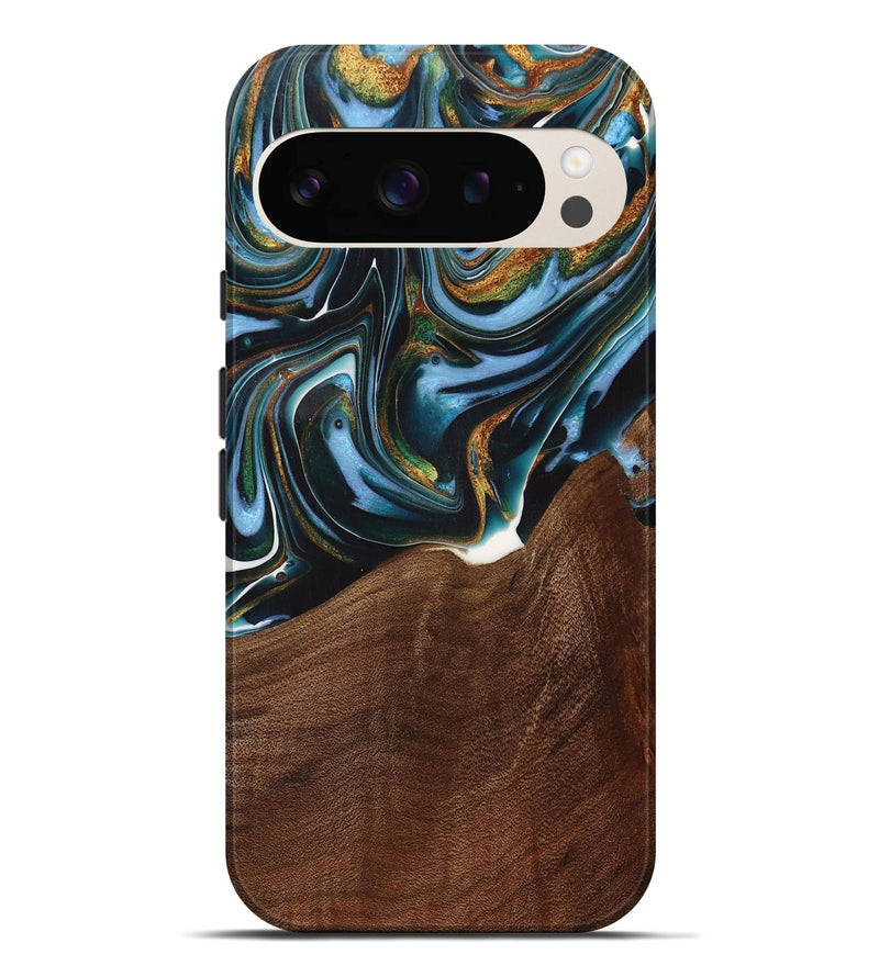 Pixel 9 Pro XL Wood Live Edge Phone Case - Windell (Teal & Gold, 731783)