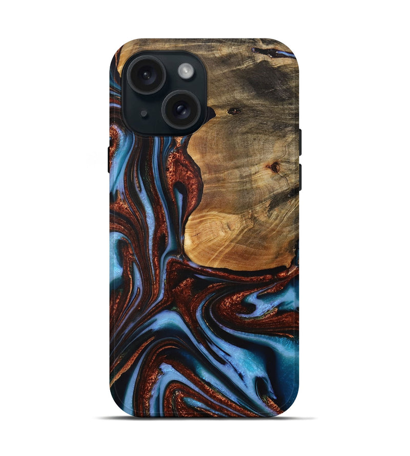 iPhone 15 Wood Live Edge Phone Case - Gilford (Teal & Gold, 731786)