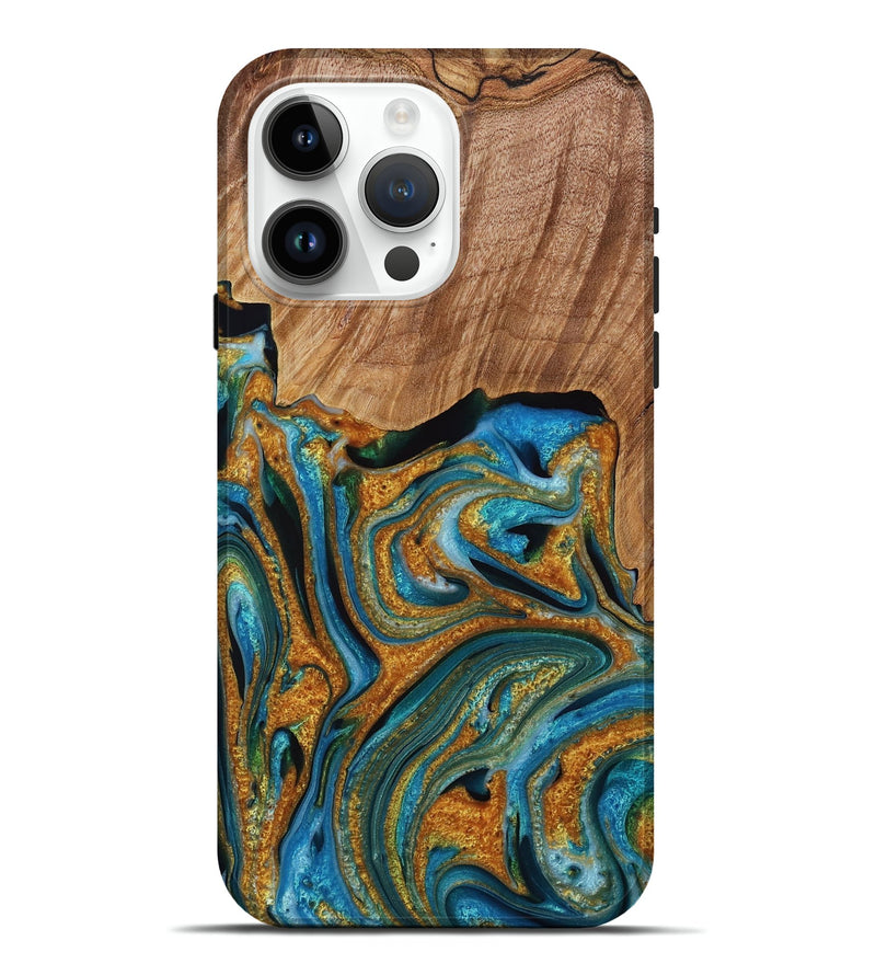 iPhone 15 Pro Max Wood Live Edge Phone Case - Karin (Teal & Gold, 731793)