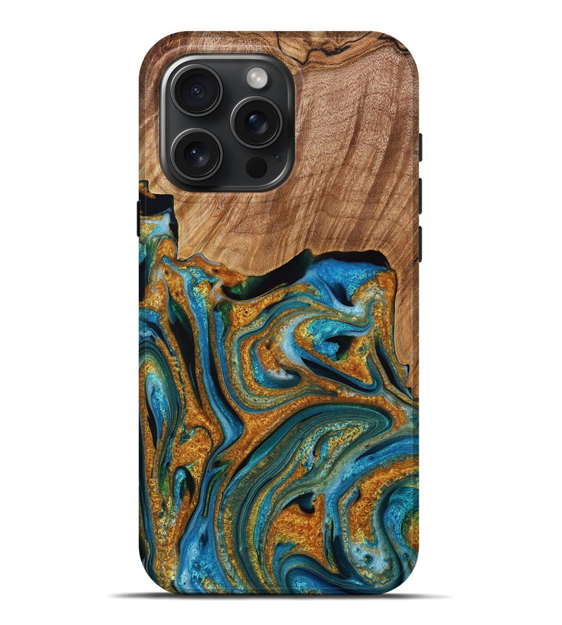 iPhone 16 Pro Max Wood Live Edge Phone Case - Karin (Teal & Gold, 731793)