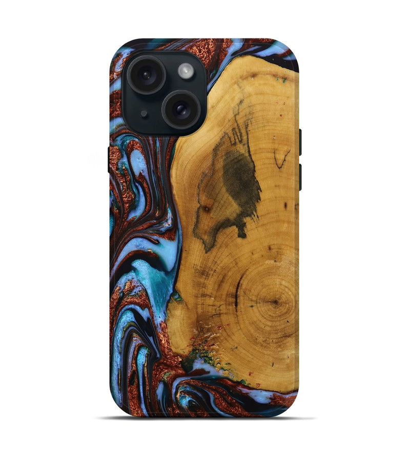 iPhone 15 Wood Live Edge Phone Case - Mustafa (Teal & Gold, 731798)