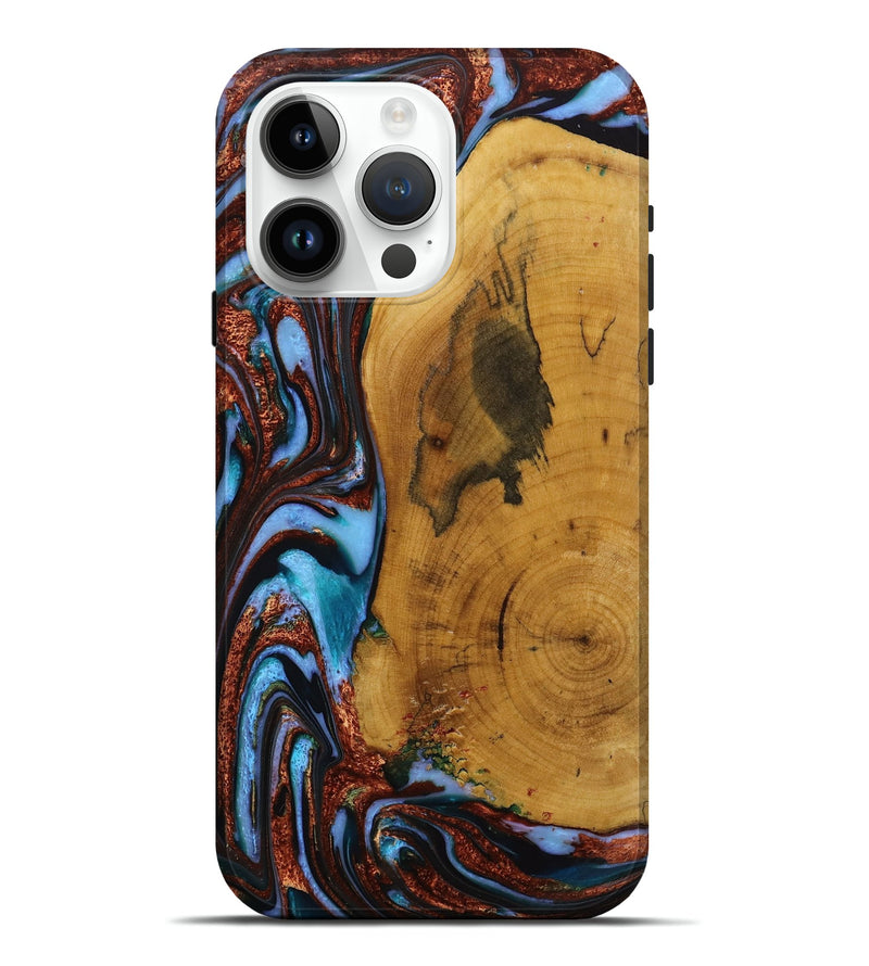 iPhone 15 Pro Max Wood Live Edge Phone Case - Mustafa (Teal & Gold, 731798)