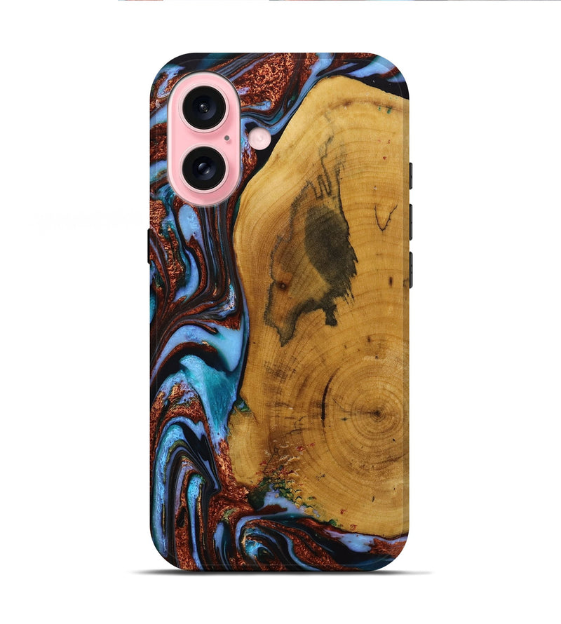 iPhone 16 Wood Live Edge Phone Case - Mustafa (Teal & Gold, 731798)