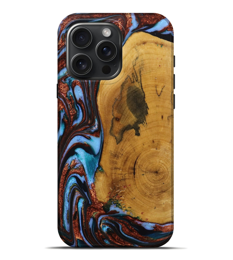 iPhone 16 Pro Max Wood Live Edge Phone Case - Mustafa (Teal & Gold, 731798)