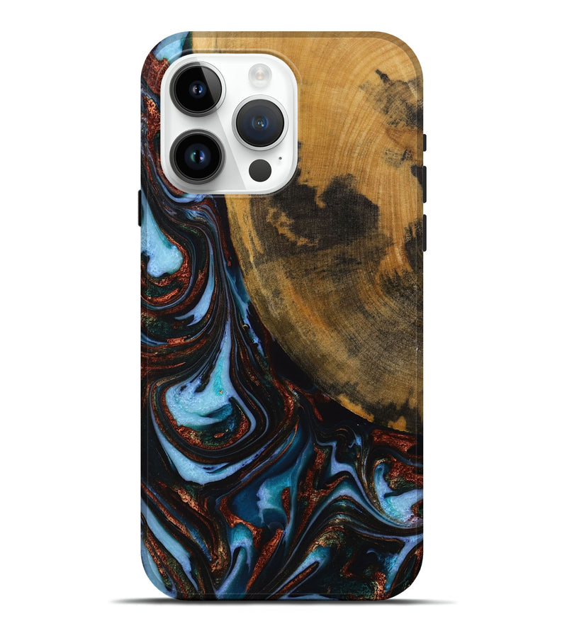 iPhone 15 Pro Max Wood Live Edge Phone Case - Mirilla (Teal & Gold, 731801)