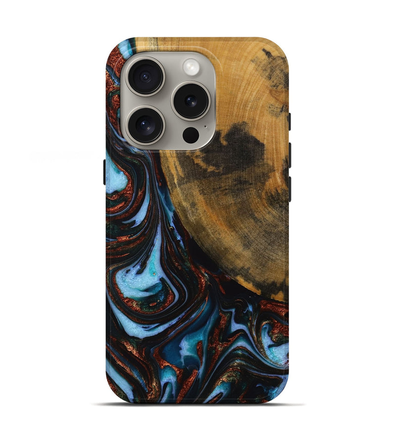 iPhone 16 Pro Wood Live Edge Phone Case - Mirilla (Teal & Gold, 731801)