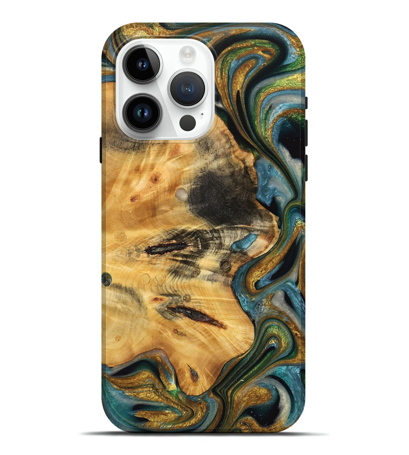 iPhone 15 Pro Max Wood Live Edge Phone Case - Felicie (Teal & Gold, 732326)