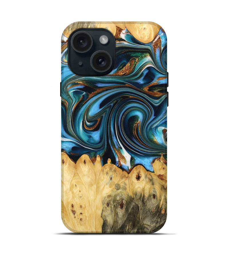 iPhone 15 Wood Live Edge Phone Case - Roxie (Teal & Gold, 732332)