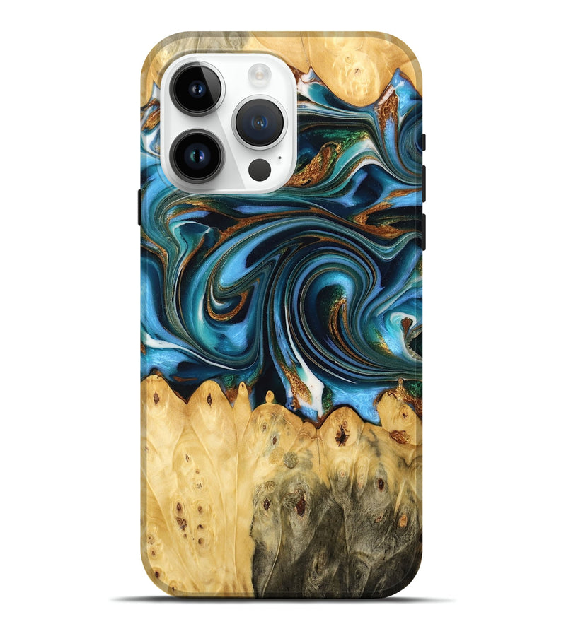 iPhone 15 Pro Max Wood Live Edge Phone Case - Roxie (Teal & Gold, 732332)