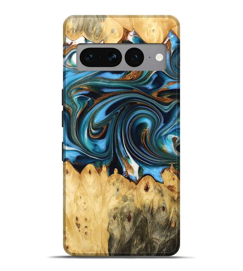 Pixel 7 Pro Wood Live Edge Phone Case - Roxie (Teal & Gold, 732332)