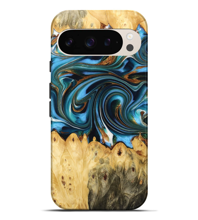 Pixel 9 Pro XL Wood Live Edge Phone Case - Roxie (Teal & Gold, 732332)