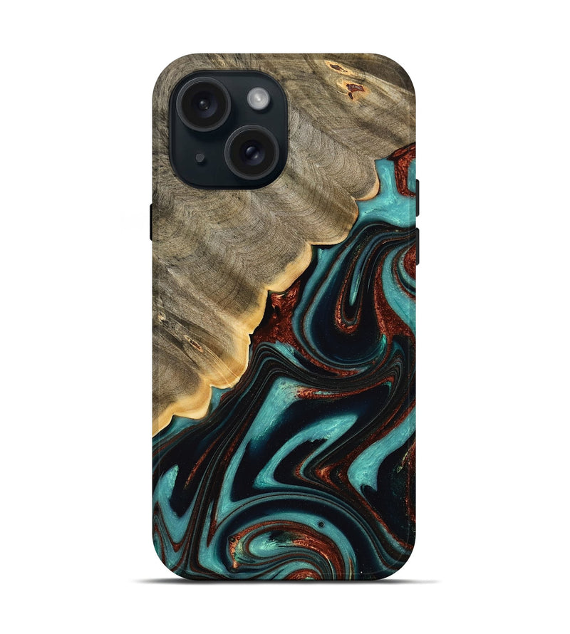 iPhone 15 Wood Live Edge Phone Case - Marilyn (Teal & Gold, 732333)