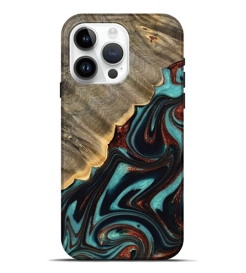 iPhone 15 Pro Max Wood Live Edge Phone Case - Marilyn (Teal & Gold, 732333)