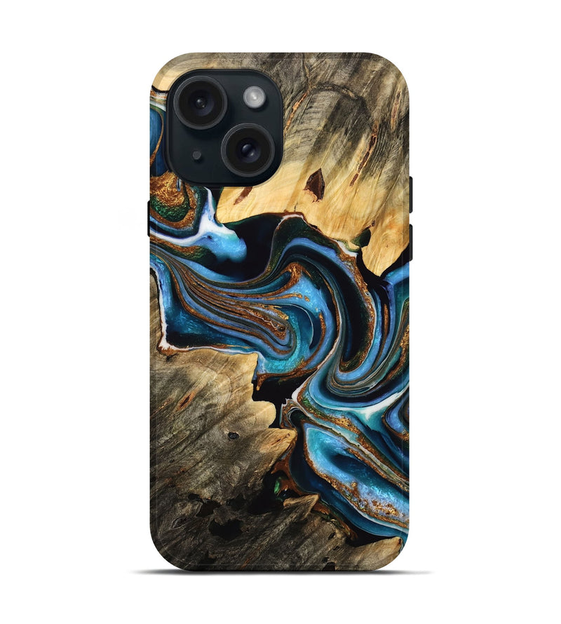 iPhone 15 Wood Live Edge Phone Case - Alyse (Teal & Gold, 732337)