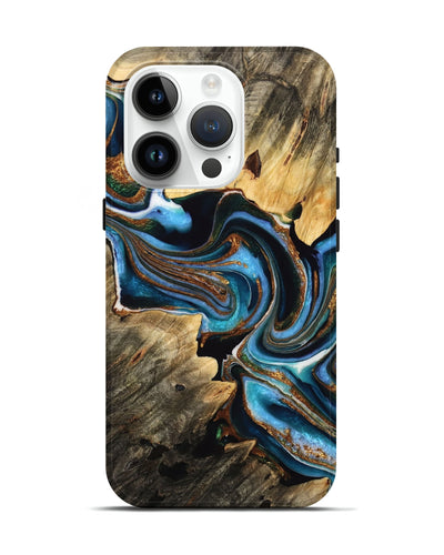 iPhone 15 Pro Wood Live Edge Phone Case - Alyse (Teal & Gold, 732337)