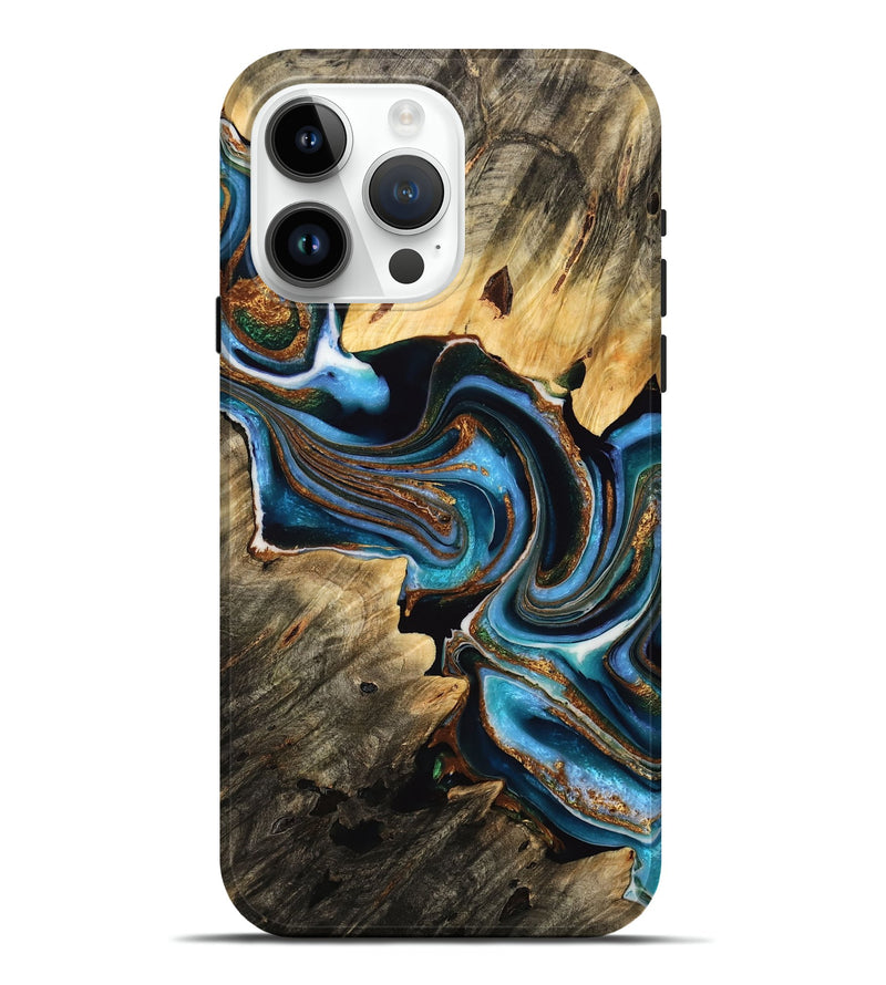 iPhone 15 Pro Max Wood Live Edge Phone Case - Alyse (Teal & Gold, 732337)