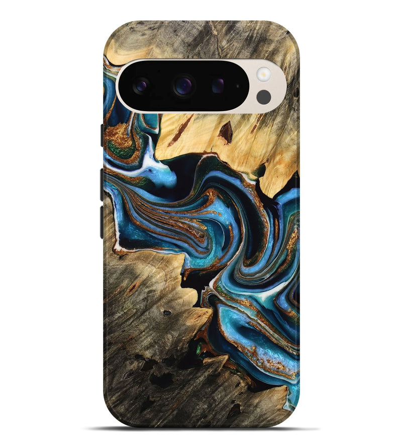 Pixel 9 Pro XL Wood Live Edge Phone Case - Alyse (Teal & Gold, 732337)