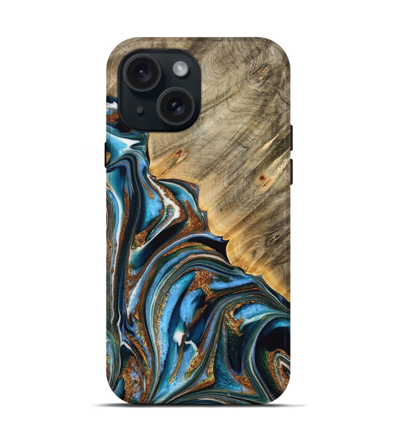 iPhone 15 Wood Live Edge Phone Case - Desiri (Teal & Gold, 732343)