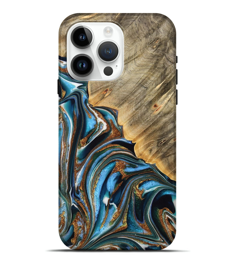 iPhone 15 Pro Max Wood Live Edge Phone Case - Desiri (Teal & Gold, 732343)