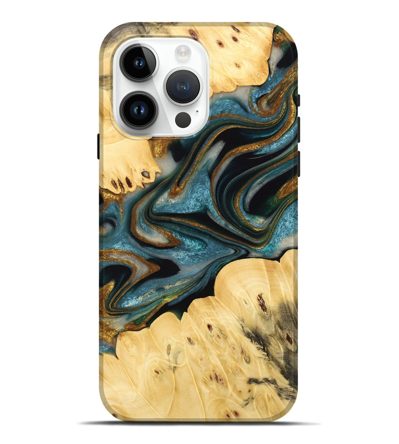 iPhone 15 Pro Max Wood Live Edge Phone Case - Rinda (Teal & Gold, 732361)