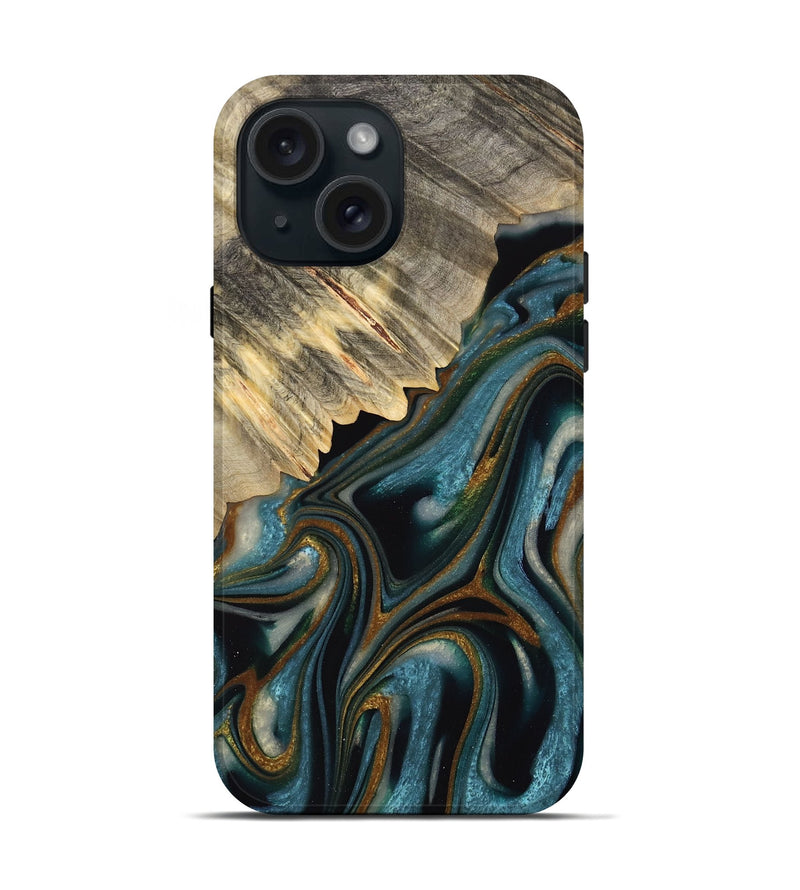 iPhone 15 Wood Live Edge Phone Case - Colette (Teal & Gold, 732363)