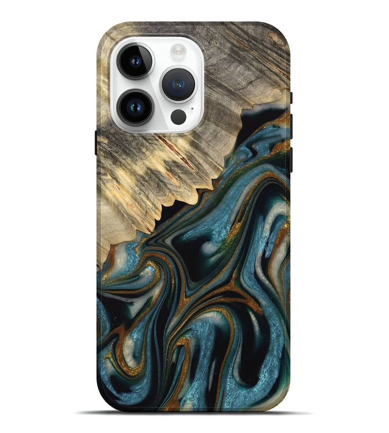 iPhone 15 Pro Max Wood Live Edge Phone Case - Colette (Teal & Gold, 732363)